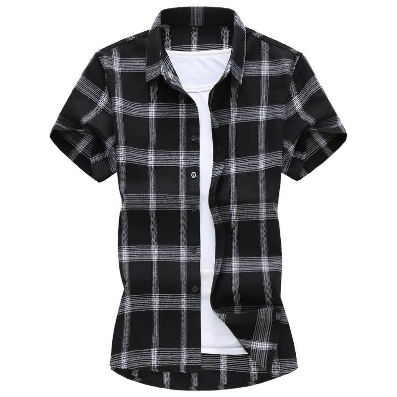 M -7xl 6xl hvit og svart rutete skjorte herre skjorter sommer chemise homme herre rutete skjorter kortermet skjorte: Svart / 7xl