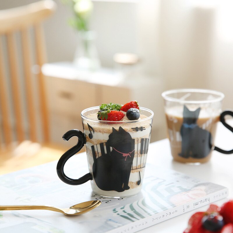 Taza de cristal con asa para gato, taza de cristal de dibujos animados para hogar, oficina, café, cocina, impreso, accesorios