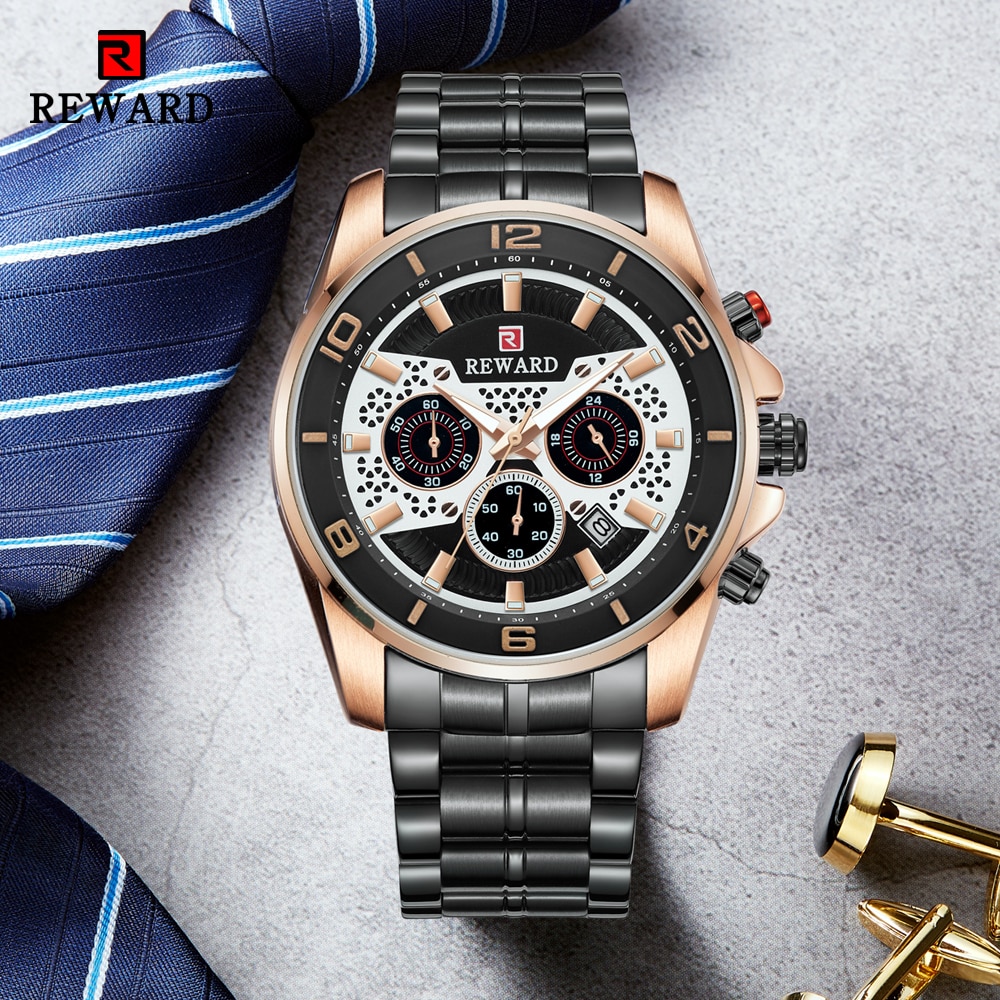 Reward sport chronograaf herenhorloges volledig stalen quartzhorloge grote wijzerplaat waterdicht horloge heren gouden polshorloges relogio masculino