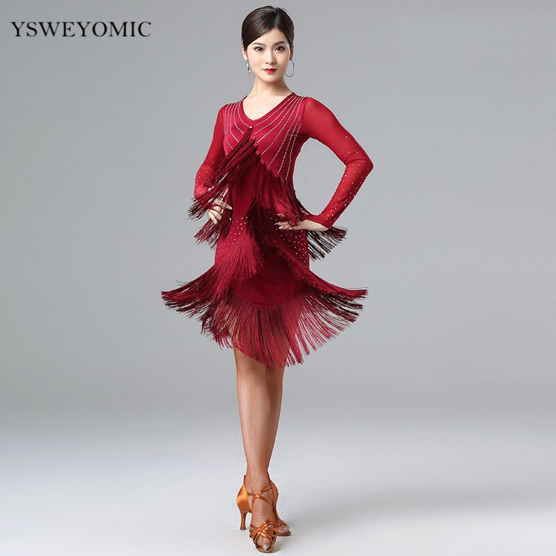 Latin Chacha Dance Practice Dress Female Adult Dance Clothes Performance Tassel Latin Dress For Dance: Red / XL