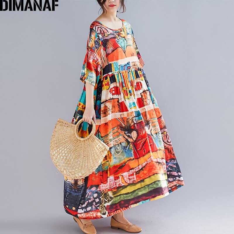Dimanaf oversize kvinnor tryck klänning sommar solklänning bomull kvinnlig dam vestidos lös casual strand maxi lång klänning 2022