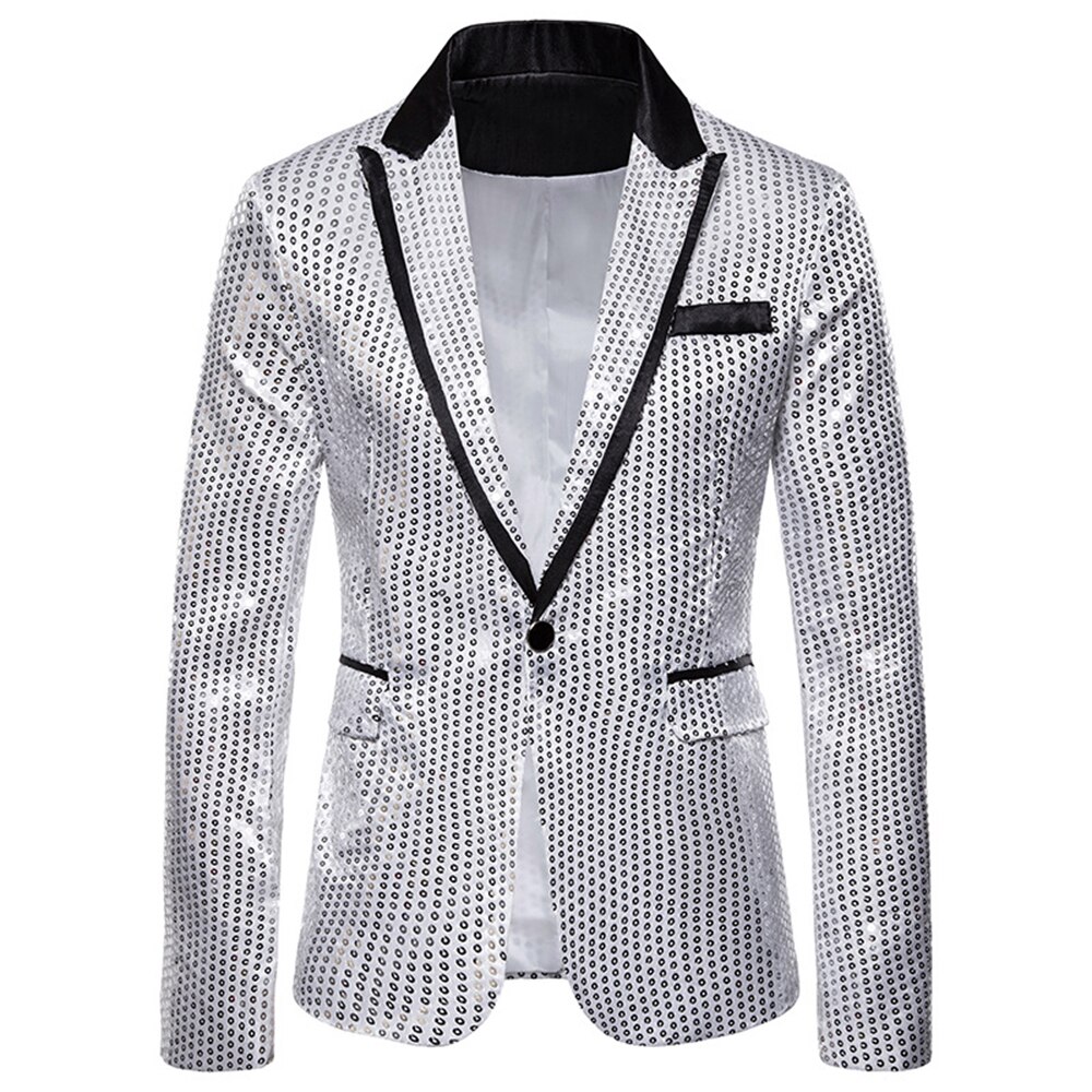 Shiny Sequin Blazer - Single Button Tuxedo Jacket - Party, Wedding, Prom, Nightclub Stage Suit: Silver / S