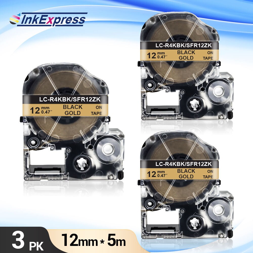 Cinta de satén para impresora Epson SFR12ZK LK-4KBK, cinta de Etiqueta Negra en oro, SFR12ZK, para Epson LabelWorks, LW-300, King y LW-400, paquete de 3 uds.