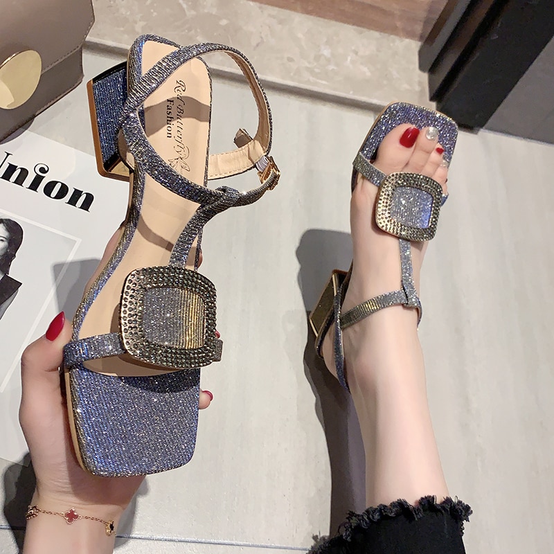 Zomer dames sandalen luxe glanzende strass schoenen meisje blauw hoge dikke hak romeinse schoenen casual avond feest sandalen