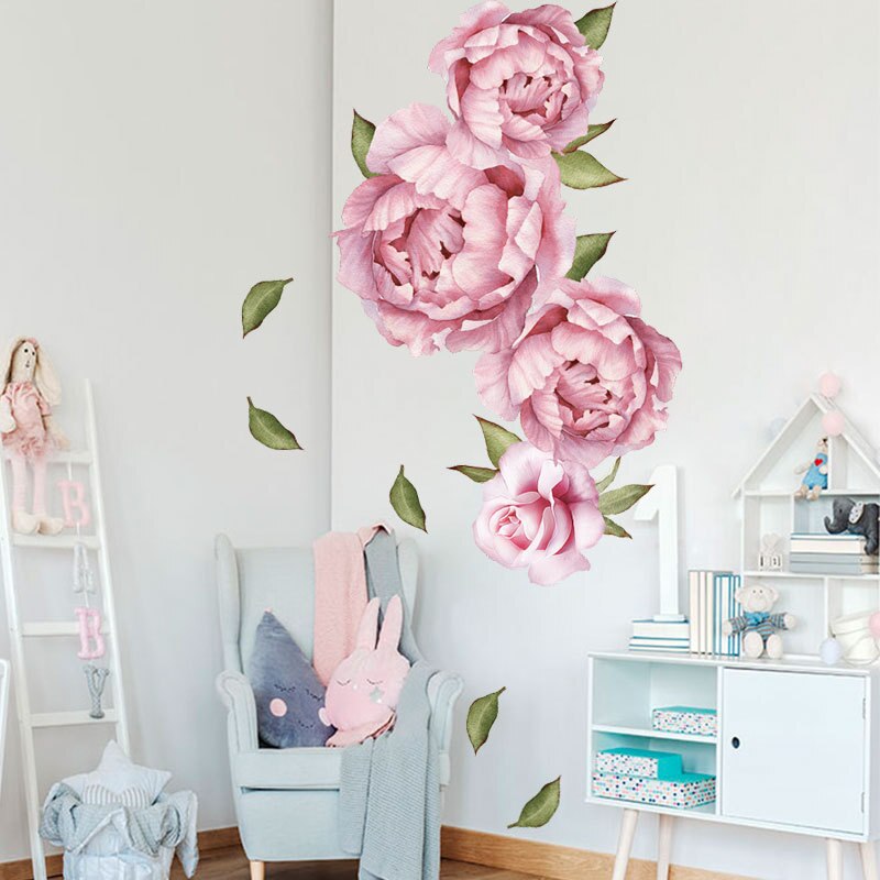 Rosa blommor väggdekaler för barnrum akvarell blomma vinyl tapet av flickor 3d barnkammare rum heminredning pvc dekaler: Fx64161