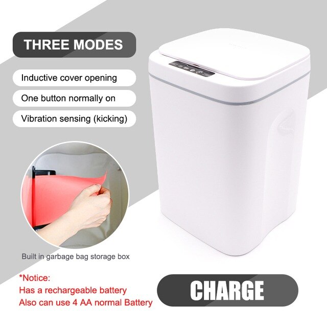 12/14/16L Intelligent Trash Can Automatic Sensor Dustbin Sensor Electric Waste Bin Home Rubbish Can for Kitchen Bathroom Garbage: CHARGE white / 14L