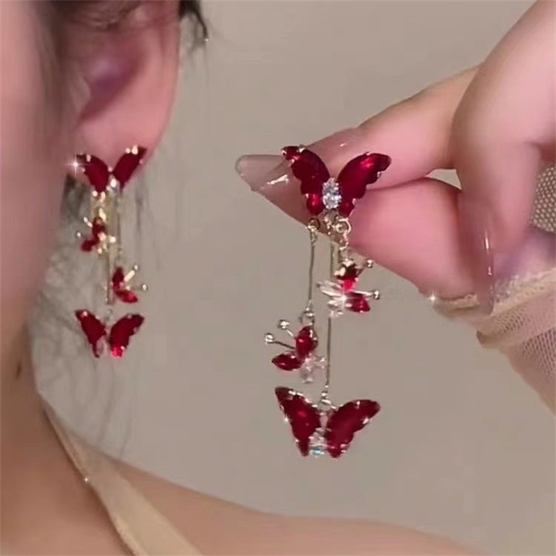 Korean Pink Pendant Earrings Princess Full Rhinestone Bow Love Heart Earrings Women's Wedding Aesthetic Jewelry: Imitation Rhodium Plated