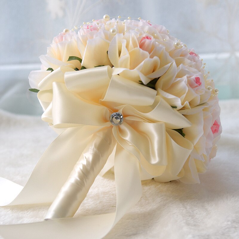 JaneVini Champagne White Bridal Flowers Bride Hand Bouquet Pearls Artificial Groom Flower Bouquet Brooch Mazzi Di Fiori