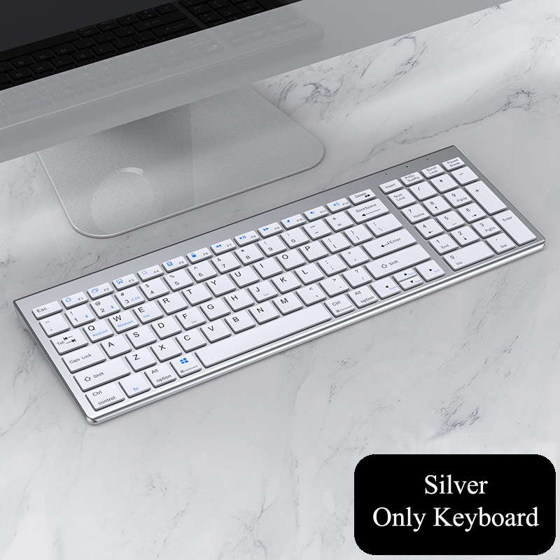 Wireless Bluetooth Keyboard Three-mode Silent Full-size Keyboard and Mouse Combo Set for Notebook Laptop Desktop PC Tablet: Only Silver Keyboard