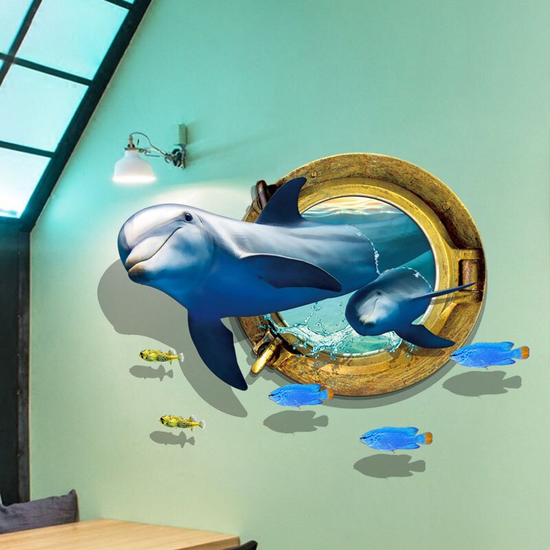 3D Smile Dolphin Wall Stickers Fish Decals Shell Bathroom Stickers Decoration Kid Living Room Ceiling Wallpaper Home Floor Decor: PC8317