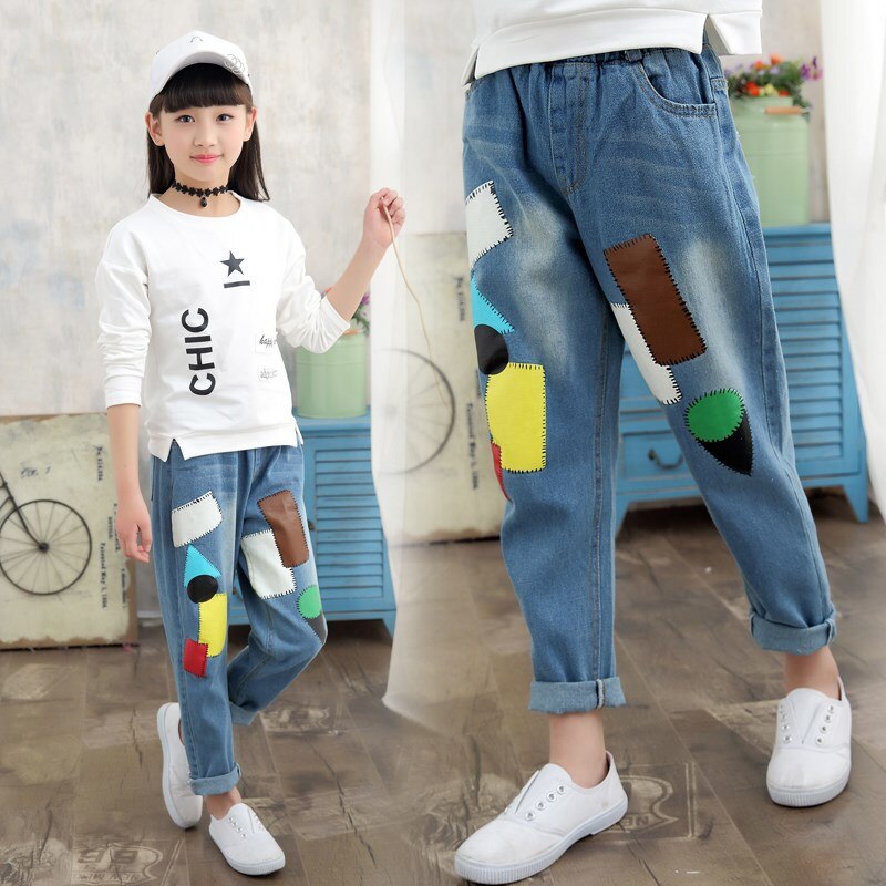 Baby Girl Jeans Summer Geometric Denim Pants Cotton Kids Boys Clothes 3-14Years Teenage Blue Jeans Trousers