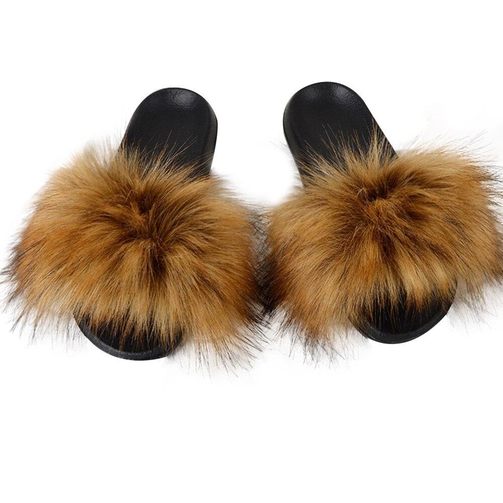 Sommar pojkar och flickor barn stora fluffiga tofflor barn hem tofflor barn slider pälstofflor  d30: Brun / 16.5cm