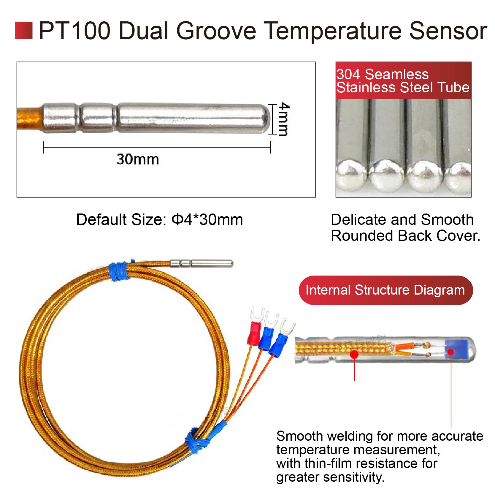 PT100 Temperature Sensor RTD Probe 350°C Platinum Resistance Waterproof High Temp Sensor Kapton Insulated Industrial Measuring