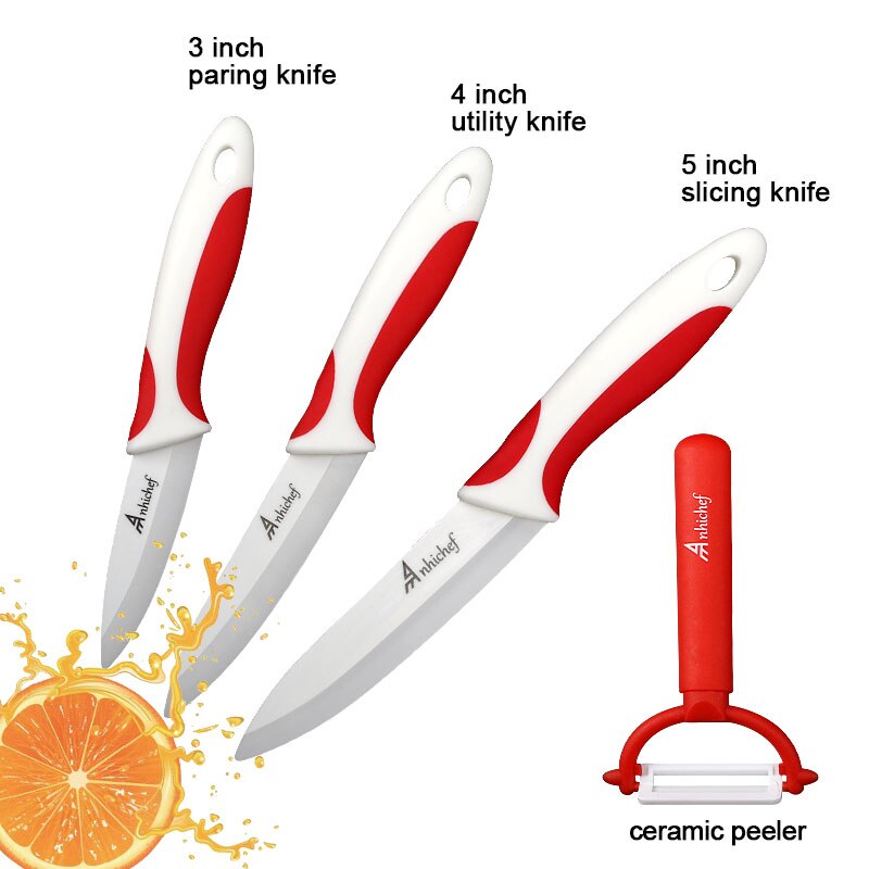 Kökskniv keramiska knivar 3 4 5 6 tum + skalare vitt blad skära frukt grönsakskock verktygskniv set matlagningsverktyg: 3 röda vita set