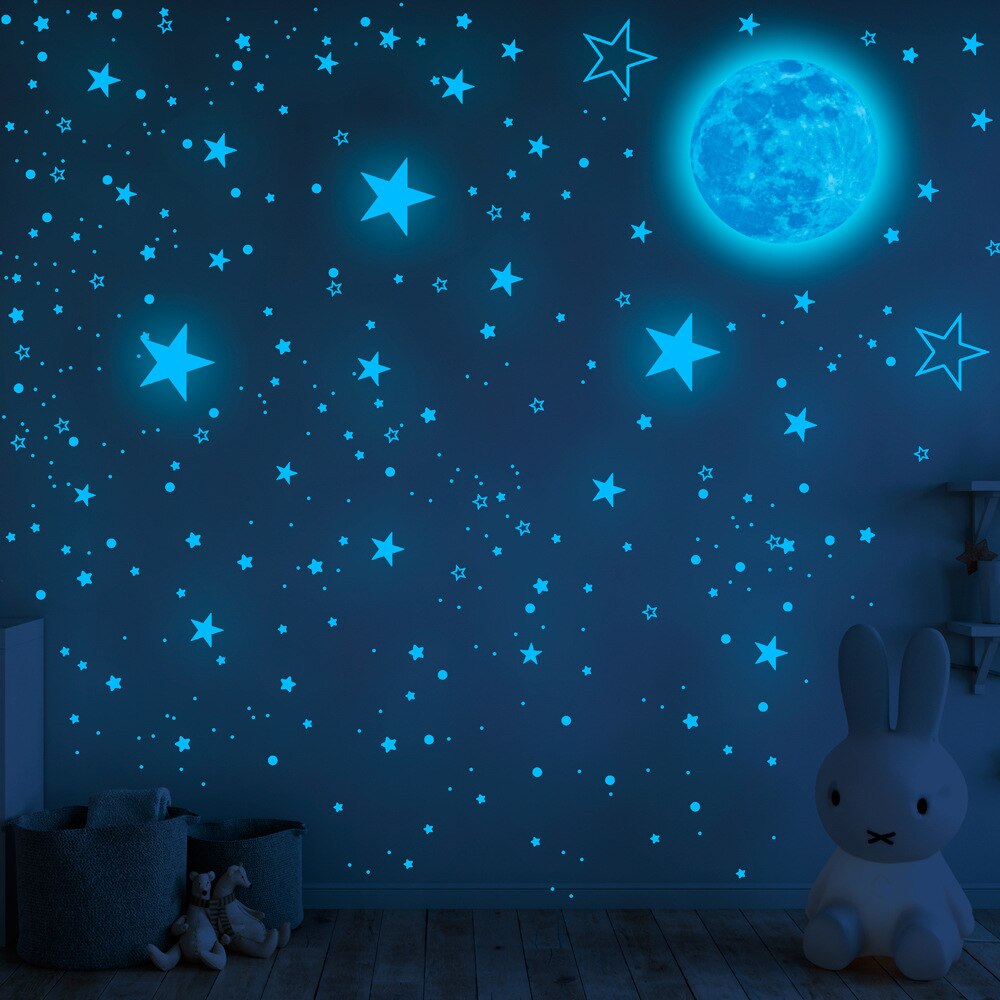 1049 Stuks Lichtgevende Moon &amp; Star Muurstickers Home Decor Diy Decals Kinderkamer Decoratie Fluorescent Glow In The Dark stickers: Blauw