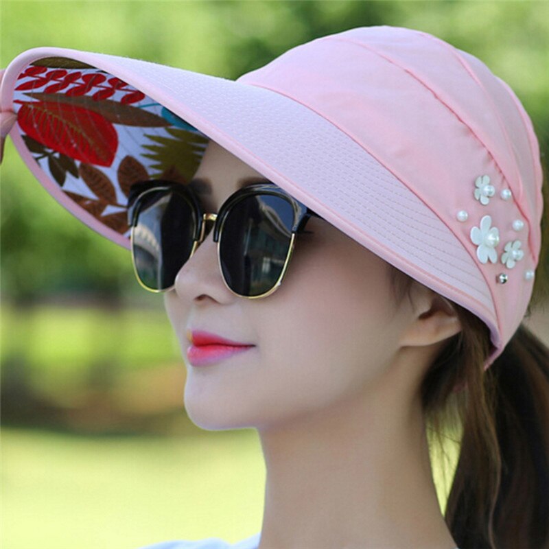 Sommer sol hatte kvinder foldbar uv beskyttelse sol hat visir solskærm floppy cap capeau femme udendørs strand hat: Lyserød