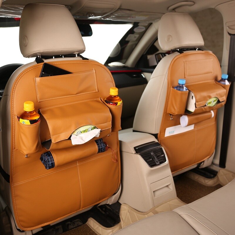 Bilsæde opbevaringsboks læder bekvemmelighed net taske telefonholder lomme multi lomme arrangør bil tilbehør indkøbskurv sæde: Orange