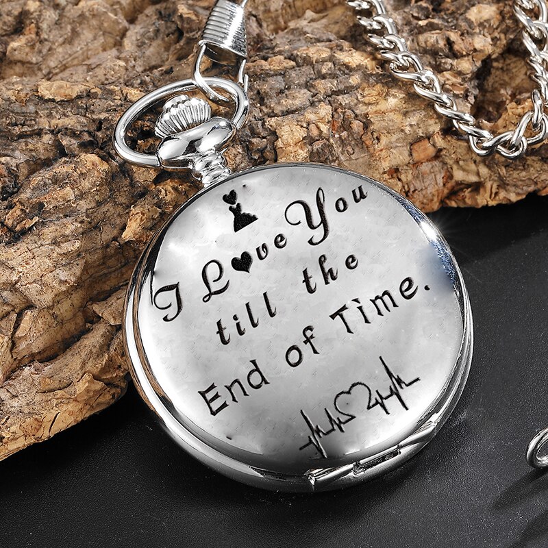 Reloj de bolsillo de cuarzo, de aniversario, reloj de bolsillo grabado I LOVE YOU con colgantes con collar de cadena, reloj de: silver