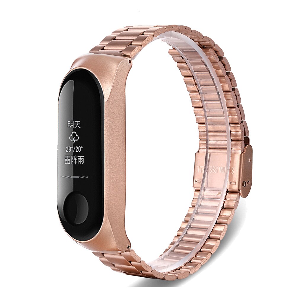 Correa de metal para Xiaomi Mi band 3/4/5, correa de acero inoxidable con tres cuentas, hebilla para pulsera,
