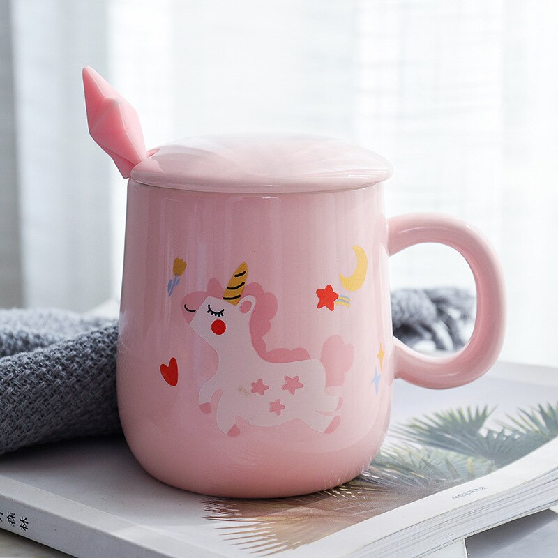 Cartoon Eenhoorn Koffie Mok Met Deksel En 3D Ster Lepel Roze Koffie Melk Thee Cup Voor Meisjes: Roze
