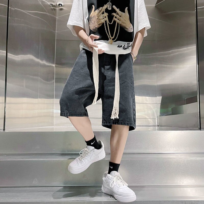 Summer Blue Black Denim Shorts Men Casual Drawstring Denim Shorts Mens Streetwear Loose Straight Jeans Shorts Men S-3XL: Black / XXL
