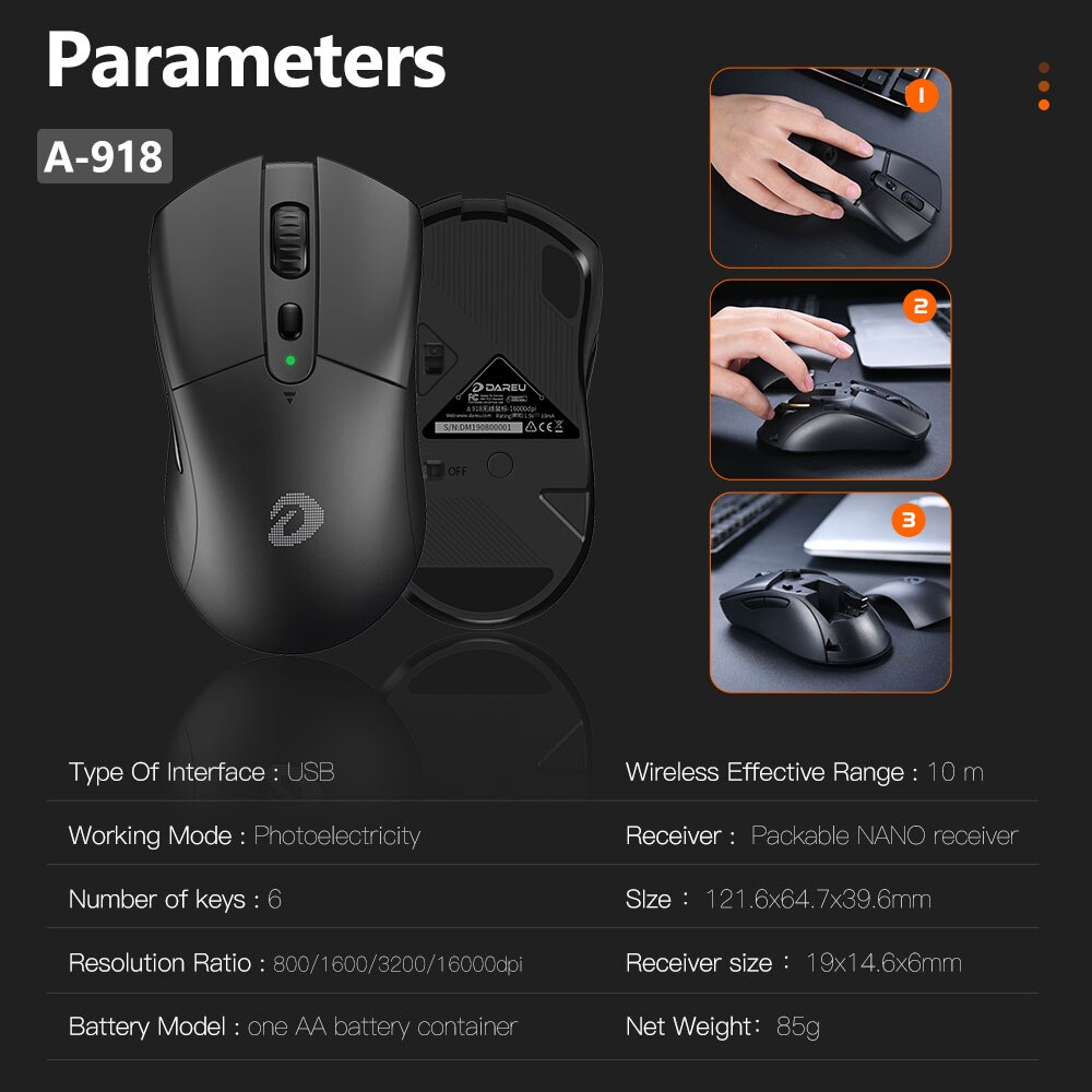 Dareu A918 PAW3335 Wireless Gaming Mouse Ergonomic 6 Programmable Optical Mice With 16000 DPI Sensor For Windows PC Gamer