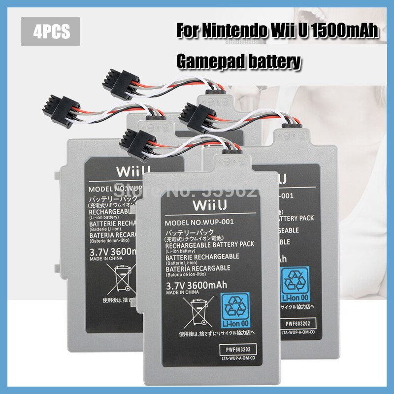 Paquete de batería recargable de ión-litio para Nintendo Wii U, 3,7 V, 3600mAh, baterías de repuesto para mando: 4PCS