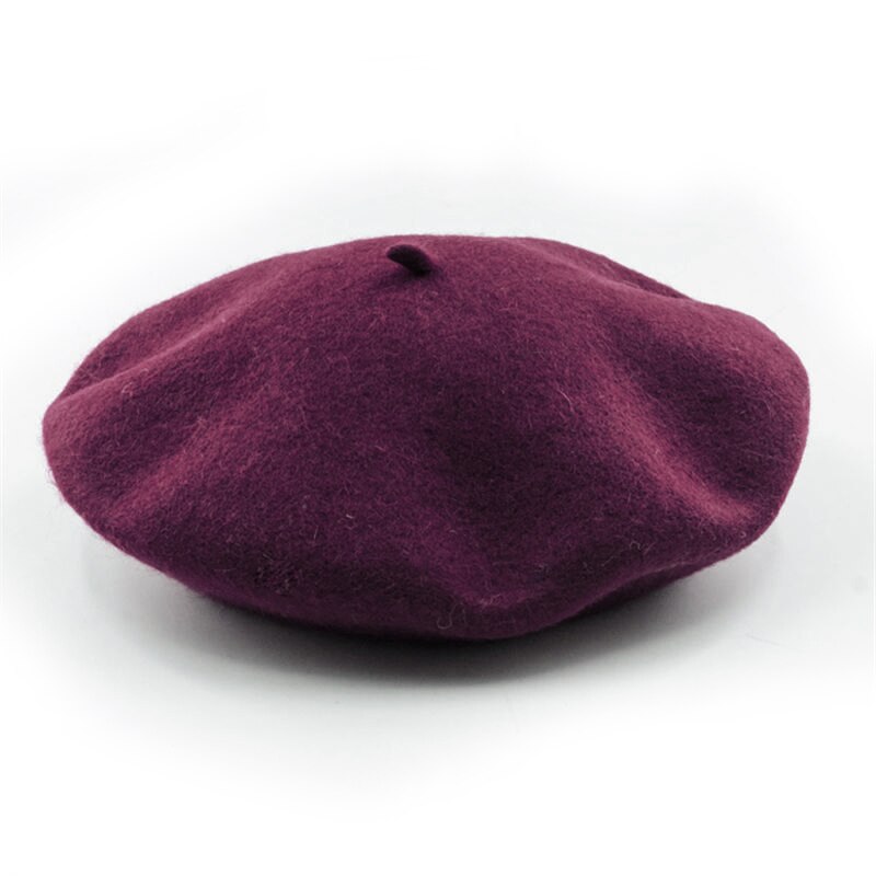 Kvinder uldfilt baret varm fransk klassisk beanie slouch baskisk ensfarvet dame kunstner hat kasket tam multi farver: Rødvin