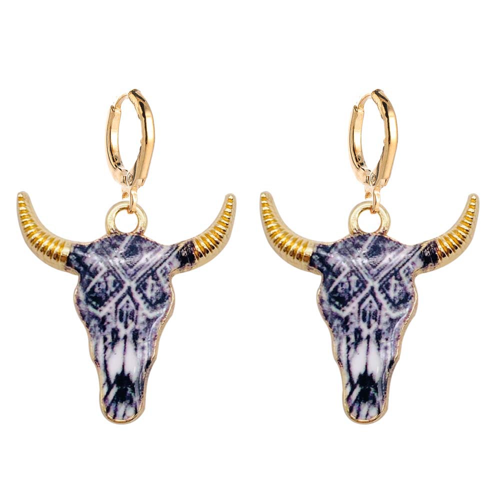 Pendientes de cabeza de toro esmaltados coloridos, vaquera occidental, pendientes colgantes de aleación, joyería: Color amarillo dorado claro