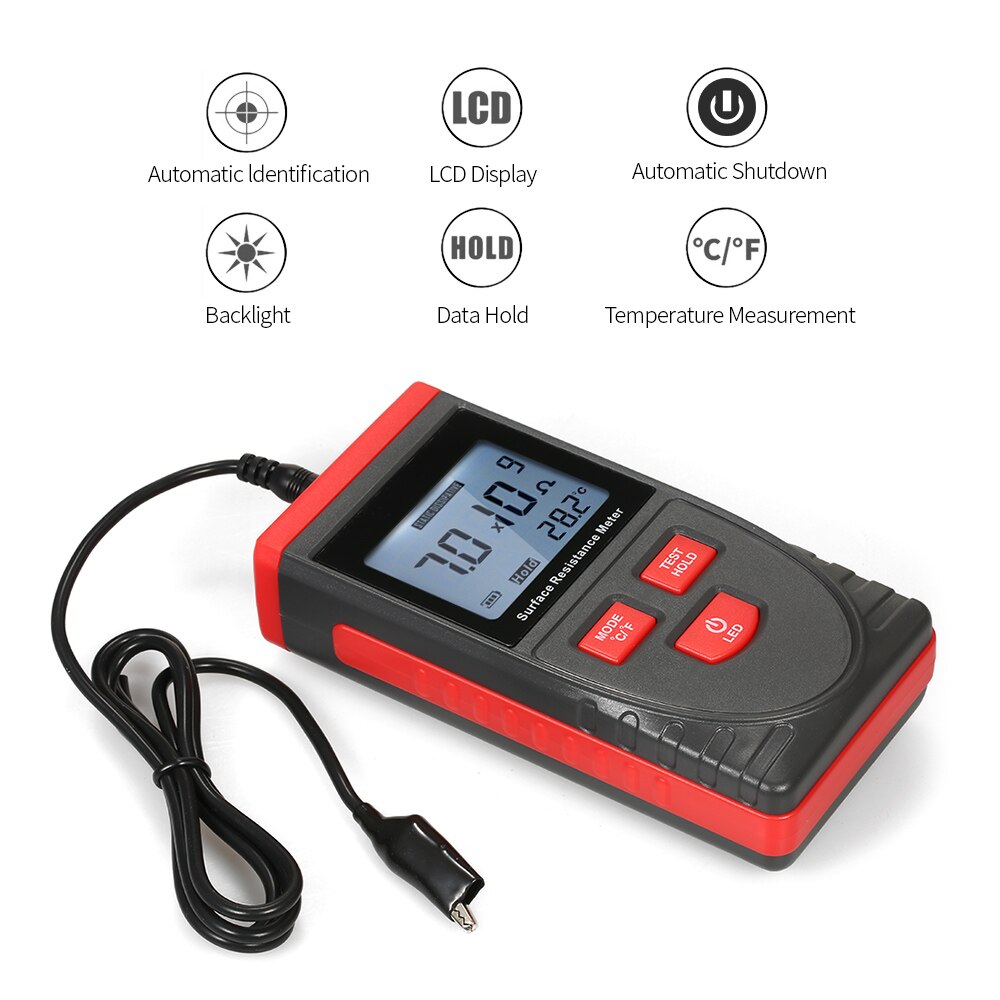 Handheld Surface Resistance Meter Anti-static Insulation Resistance Tester with LCD display Temperature Measurement