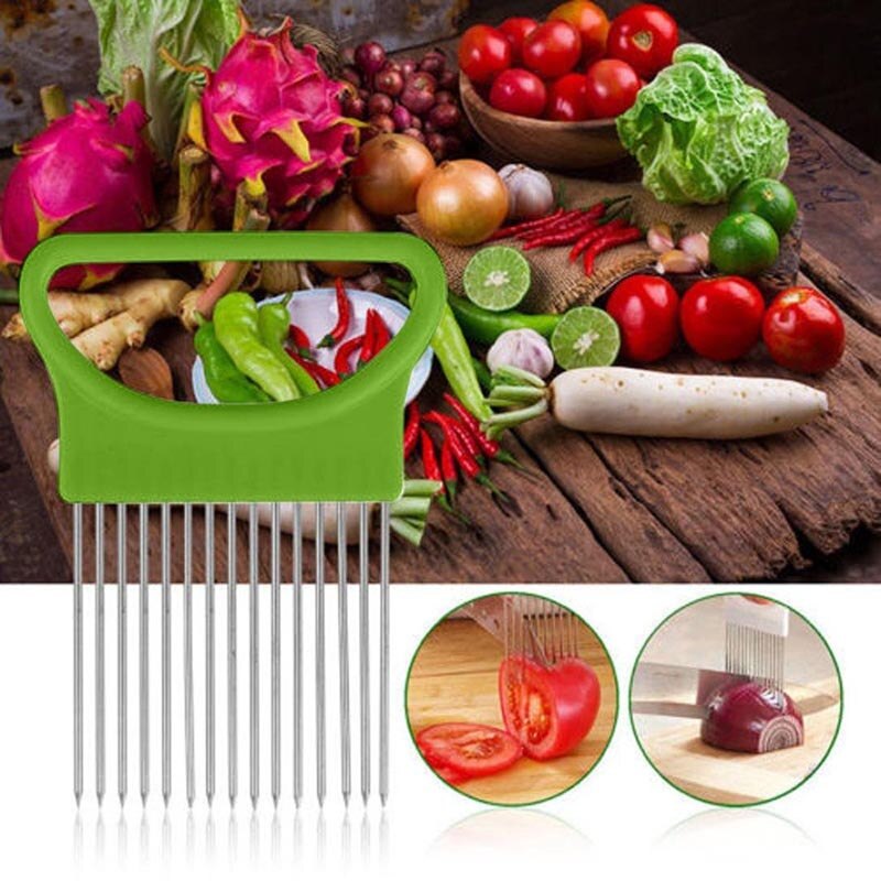Teenra 1 stk plast løgholder skiver let skåret løgholder gaffel rustfri grøntsagsskærer kødnål gaffel tomatholder