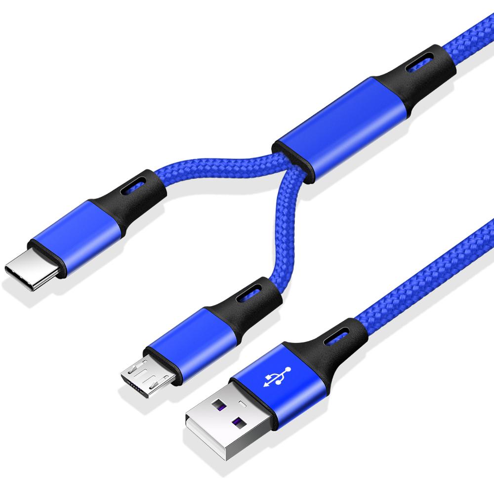 2 w 1 kabel mikro USB dwustronny USB typu C ładowarka nylon mikro kabel USB C ładowania dla powerbank robić telefonu komórkowego kable: niebieski kabel