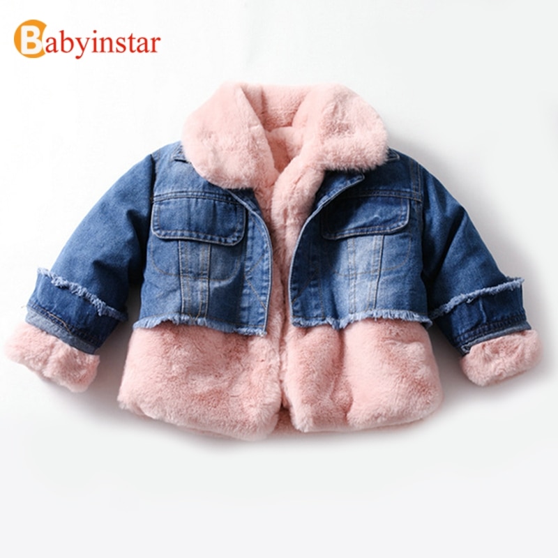 Babyinstar Cute Thicken Plush Patchwork Denim Jacket 2-6Y Baby Girl Winter Coat Kids Winter Jacket Baby Girl Coat Toddler