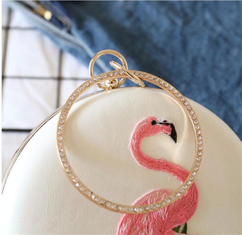 Stijl Flamingo Borduurwerk Avond Clutch Bags Ronde Vormige Avondtassen Met Ketting Bruiloft Tas
