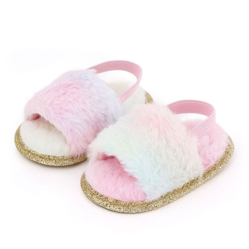 Spædbørn baby piger plys sandaler blød sål imiteret pels flade småbørn prewalker hjemmesko med elastisk bagstrop sko