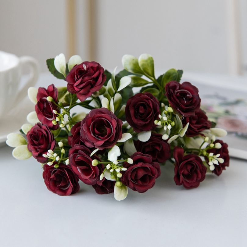 5 fork 15Head Silk Rose For Wedding arch Christmas Wreath Decoration Home Living Room bonsai Photography prop Artificial Flowers: Red