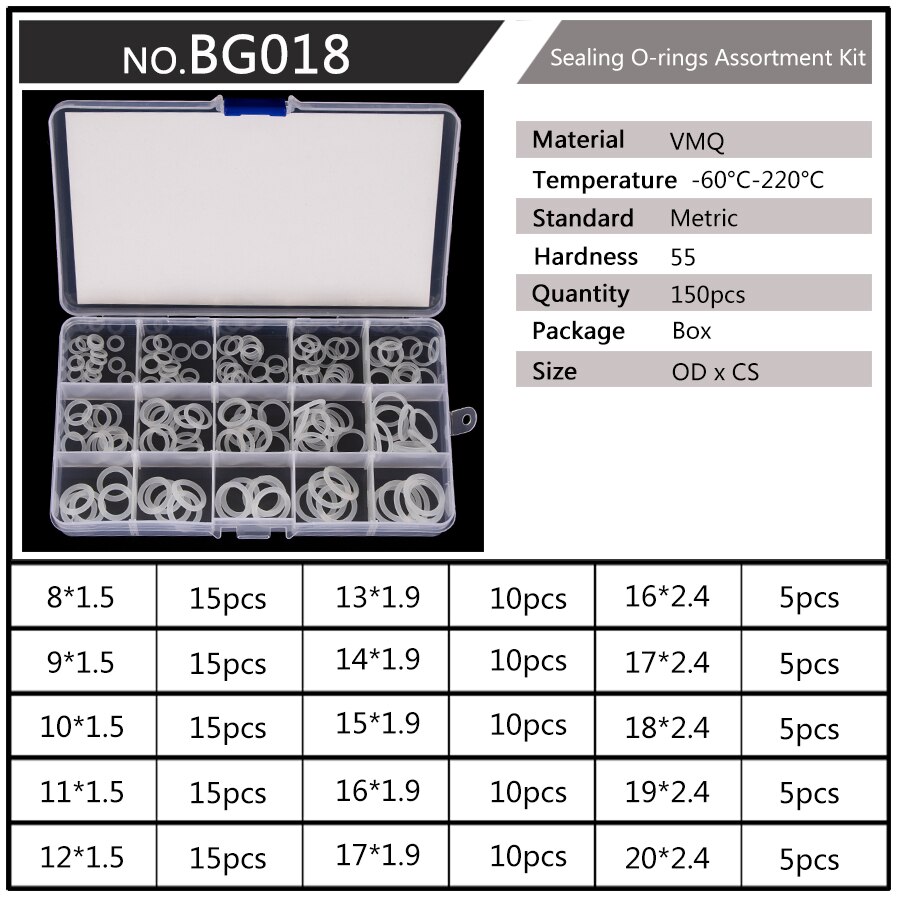 Silicone VMQ Blanc Joints toriques OD 6mm-20mm CS 1.5mm 1.9mm Durable JOINTS TORIQUES Assortiment Kit 10 Tailles 150 Pièces/ensemble BG037: BG018 x1