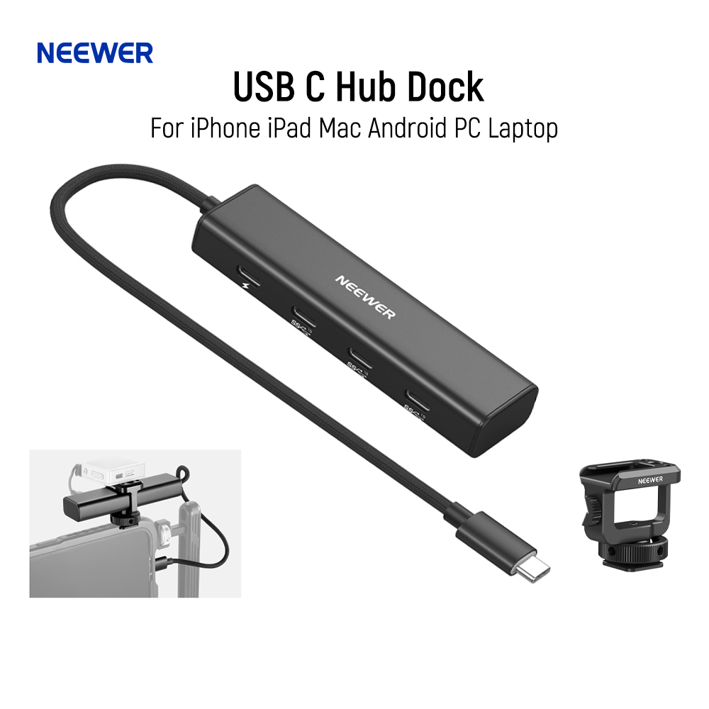 NEEWER USB C Hub Dock avec adaptateur de chaussure froide, Dongle adaptateur Multiport 4 en 1 pour iPhone 16 15 iPad Mac Android PC ordinateur portable
