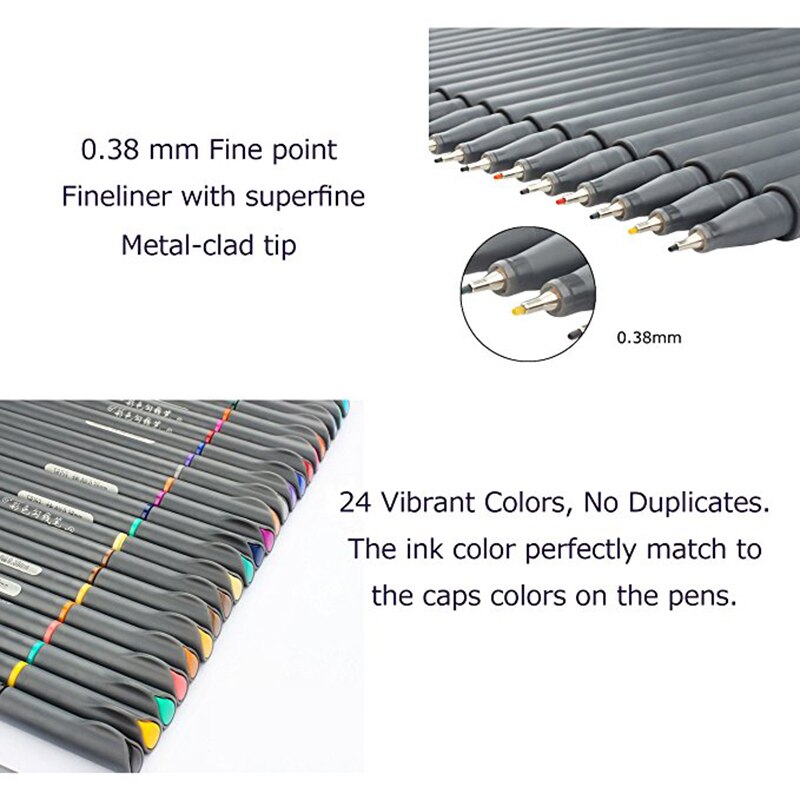 Fineliner pen sæt 24 farver fin spids skitsering skrift tegning tuscher penne fine line point markør sæt til journal planner