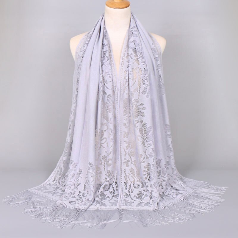 Hollow Out Flower Lace Hijab Sjaal Vrouwen Effen Kleur Vlakte Moslim Hoofd Haar Sjaals Wraps Winter Wit Zwart Rood: grey