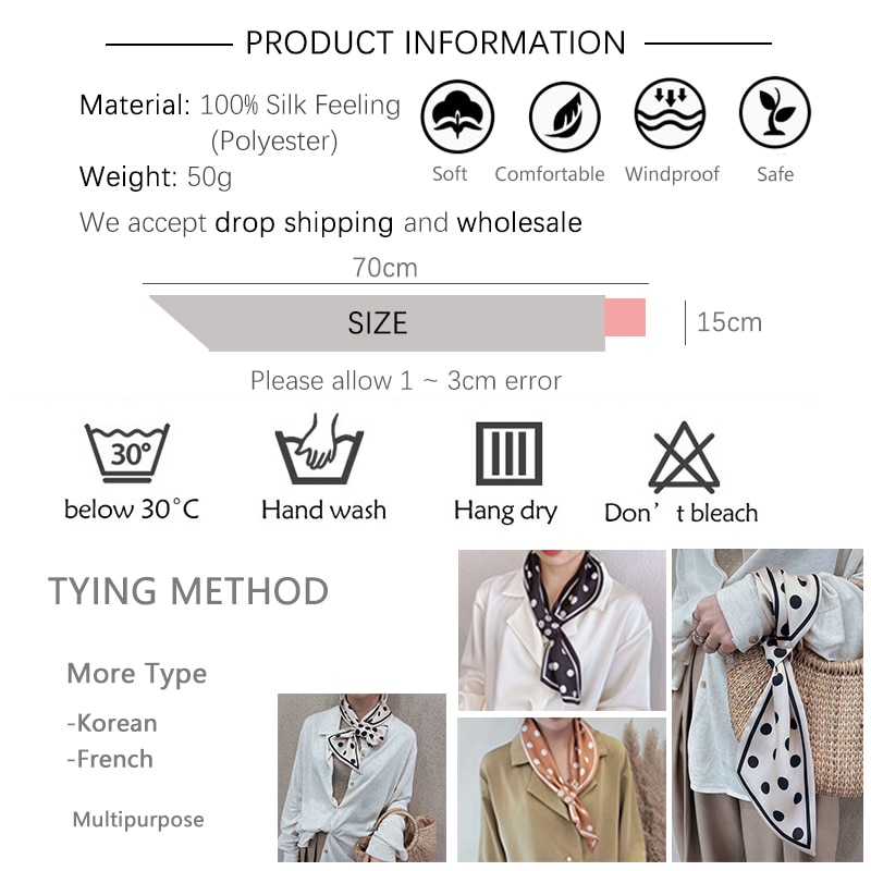 Easy Lazy Scarf Women Silk Skinny Neck Scarves Ring Wristband Handle Bag Tie Lady Print Foulard Long Ribbon Band 70*15cm