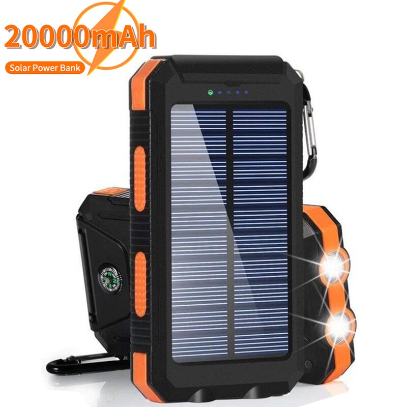 20000Mah Solar Power Bank Outdoor Draagbare Oplader Powerbank Waterdichte Externe Batterij Dual Usb Opladen Met Led Licht
