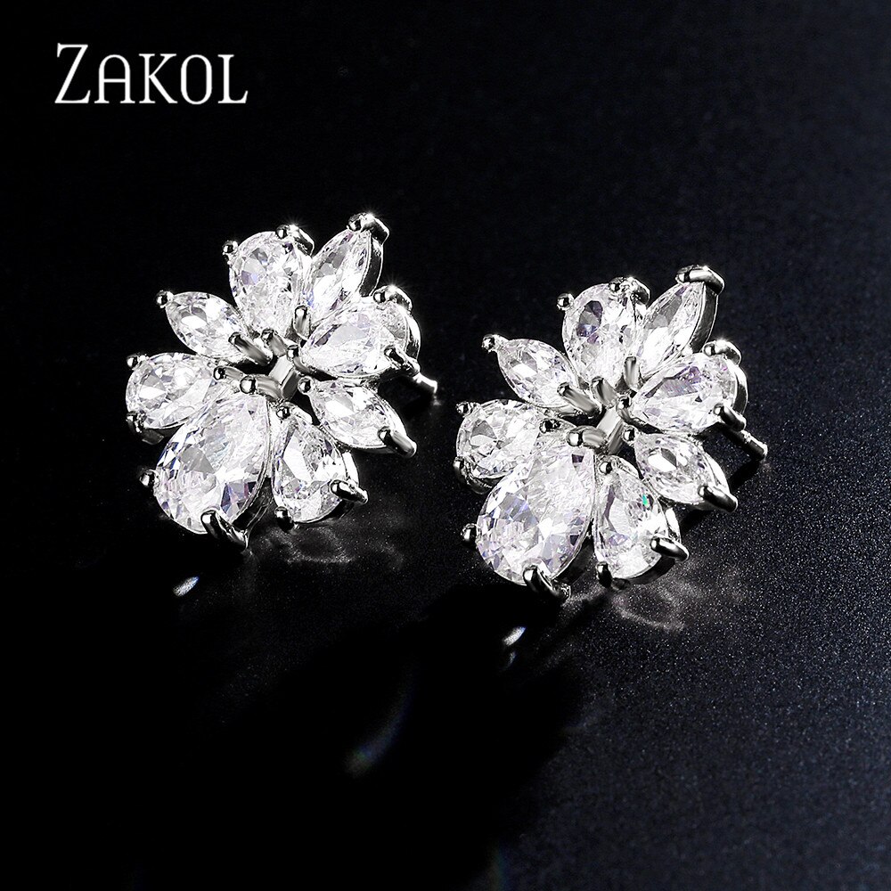 Zakol Bloemen Water Zirconia Stud Oorbellen Kleurrijke Stenen Vrouwen Eenvoudige Bruiloft Bruids Sieraden