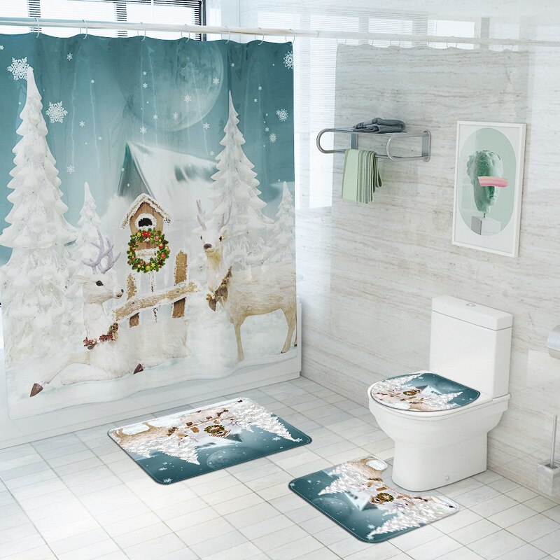 Merry Christmas Shower Curtain Set Bath Mats Rugs Christmas Tree Deer Anti Slip Pads Toilet Cover Bathroom Curtains with Hooks: B 4PCS