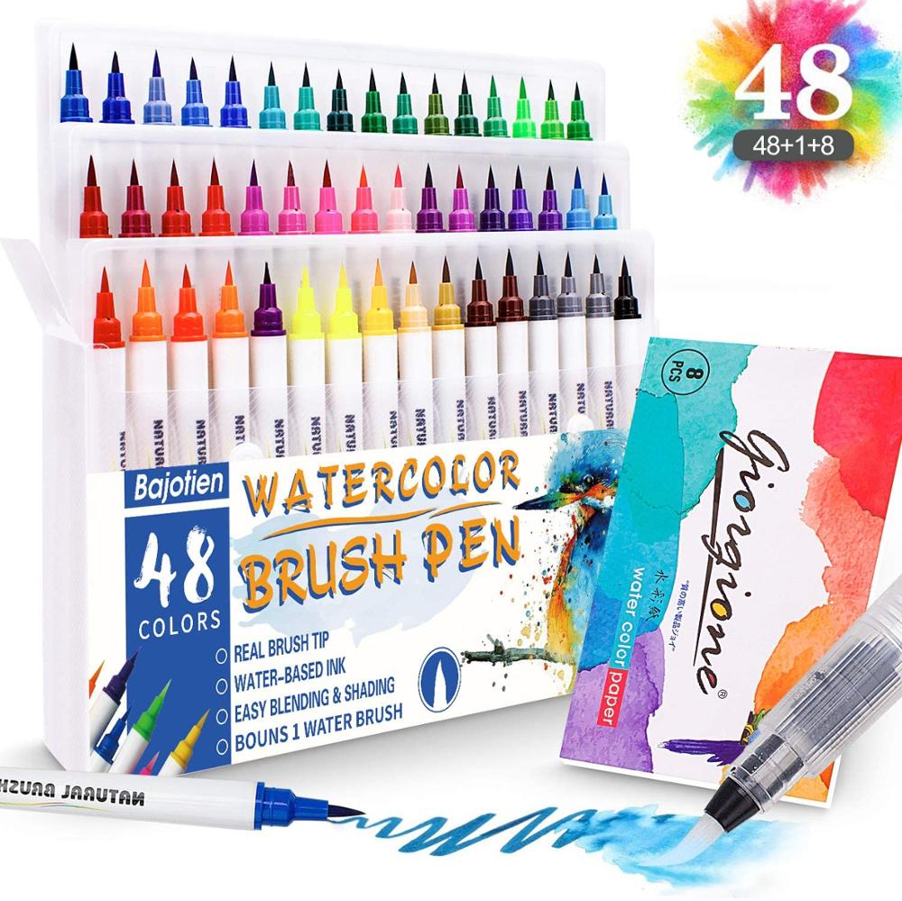 48 Colours Real Watercolour Brush Pens Set with 1 Water Brush Pen and 1 Watercolor Pad for Colouring Books, Calligraphy, Drawing