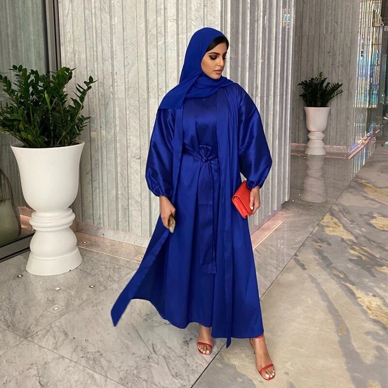 Arabischen 2 stücke Abaya Set Arabisch Kaftan Frauen Seidige Kimono + Sleeveless Langes Kleid Muslimischen Spiel Anzug Dubai Islam Modest outfit Ramadan
