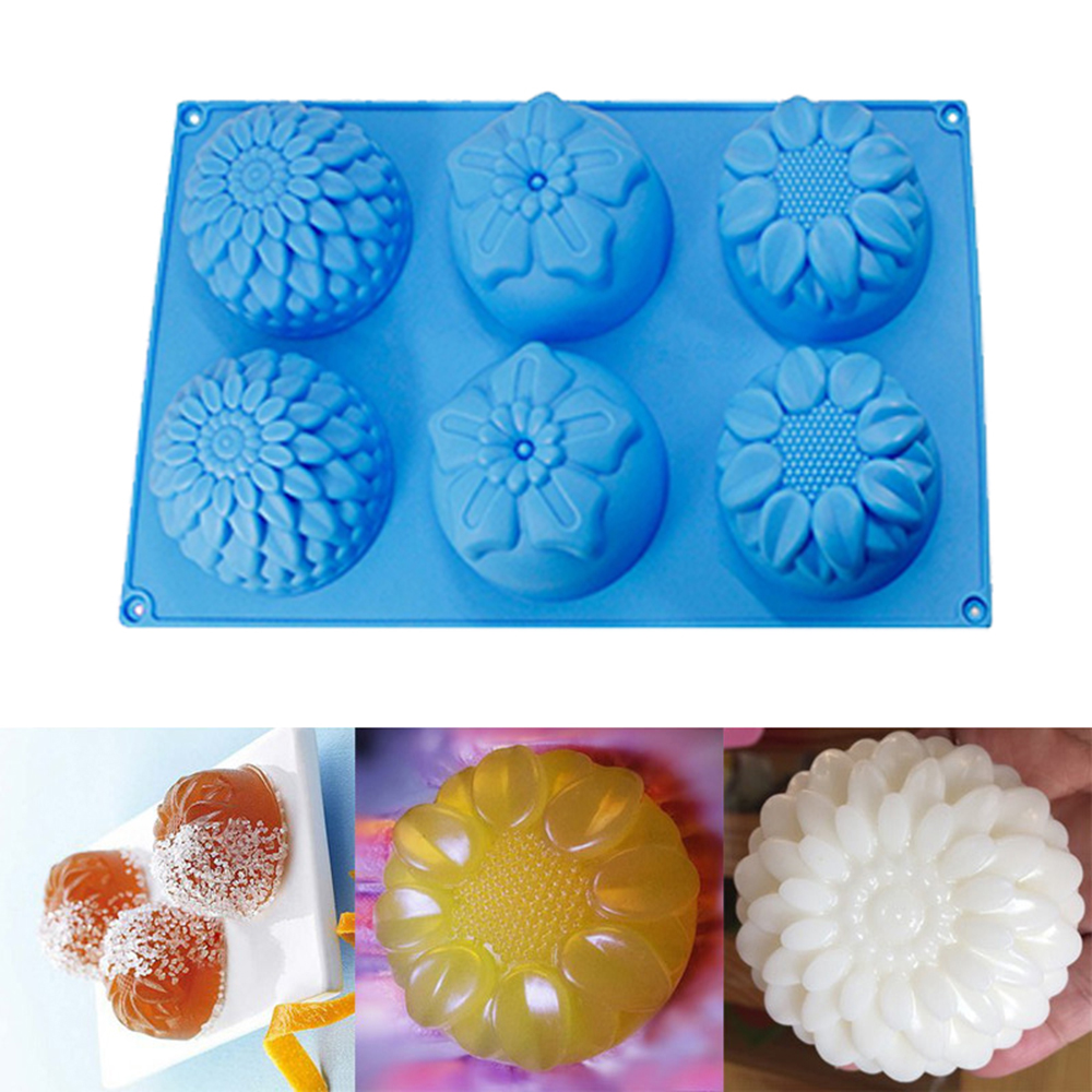 6 Gaten Drie Bloem Patronen 3D Ronde Siliconen Diy Handgemaakte Zeep Kaars Fondant Chocolade Cake Decoratie Bakvorm Ambachten