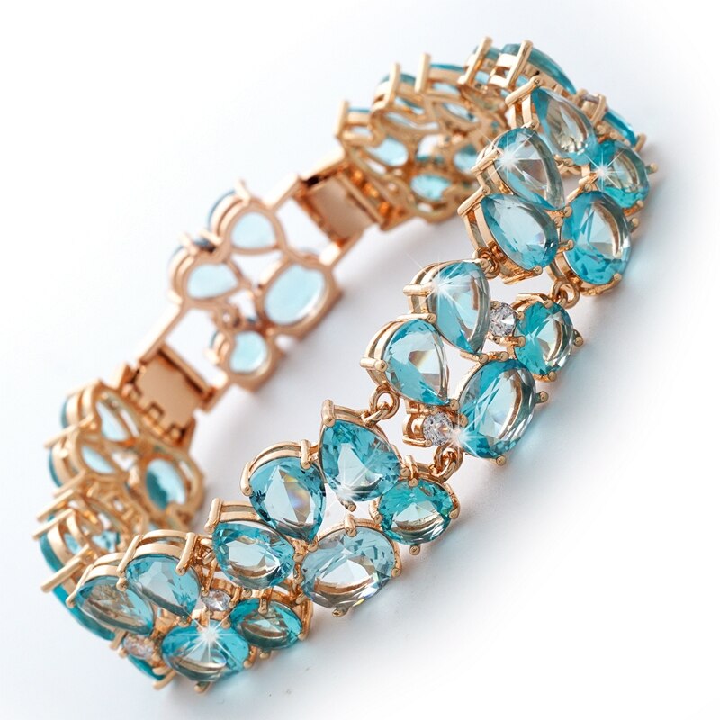 Beaux Bracelets et Bracelets attrayants pour les femmes couleur or bleu ovale Zircon Bracelets Bracelets goutte d'eau bijoux en cristal