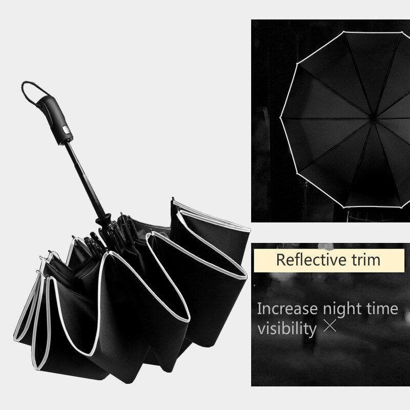 Grote Sterke Winddicht Paraplu Volledig Automatische Paraplu Drie Vouwen Mannen Paraplu 10 k Zwarte Paraplu Reflecterende Trim RG046