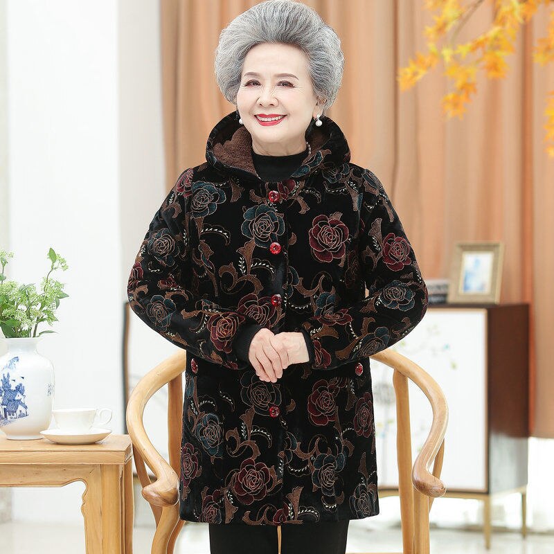 Grandma Wear Cotton-Padded Coat Middle-Aged Elderly Mother Winter Clothes Women Parkas Plus Velvet Thick Quilted Jacket XL-5XL: Style1 / 5XL